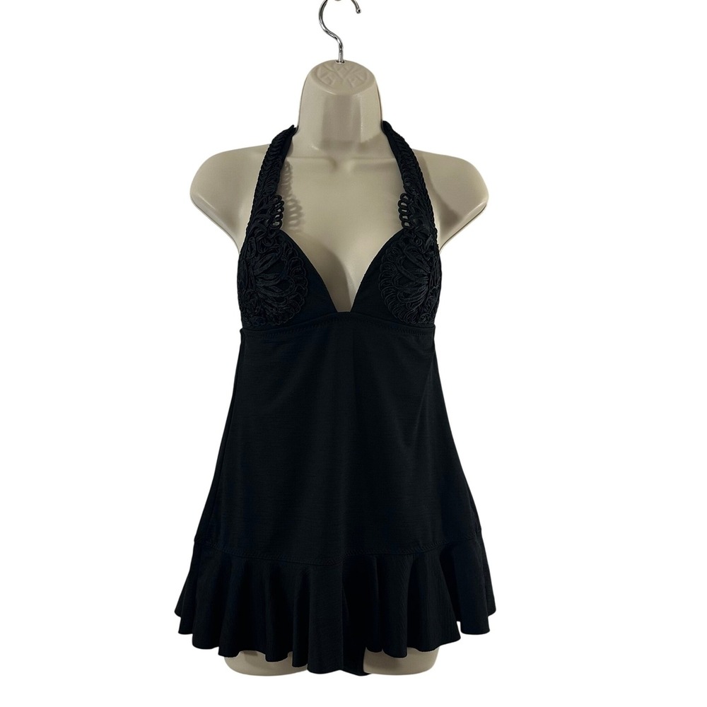 Betsey Johnson | Swim | Betsey Johnson Swim Dress Black Halter Ruffle Embroidered Soutache Medium Usa